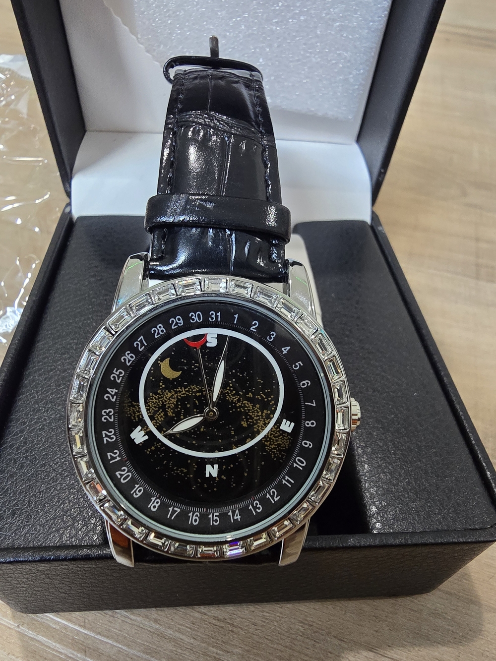 Black Men's Compass Dial Dress Authomatic Watch with Leather Strap